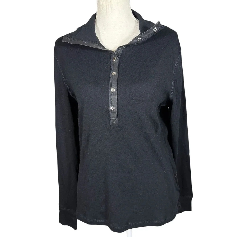 Chaps Polo Shirt Womens Large Black Faux Leather Trim Snap Long Sleeve NEW - Picture 2 of 11